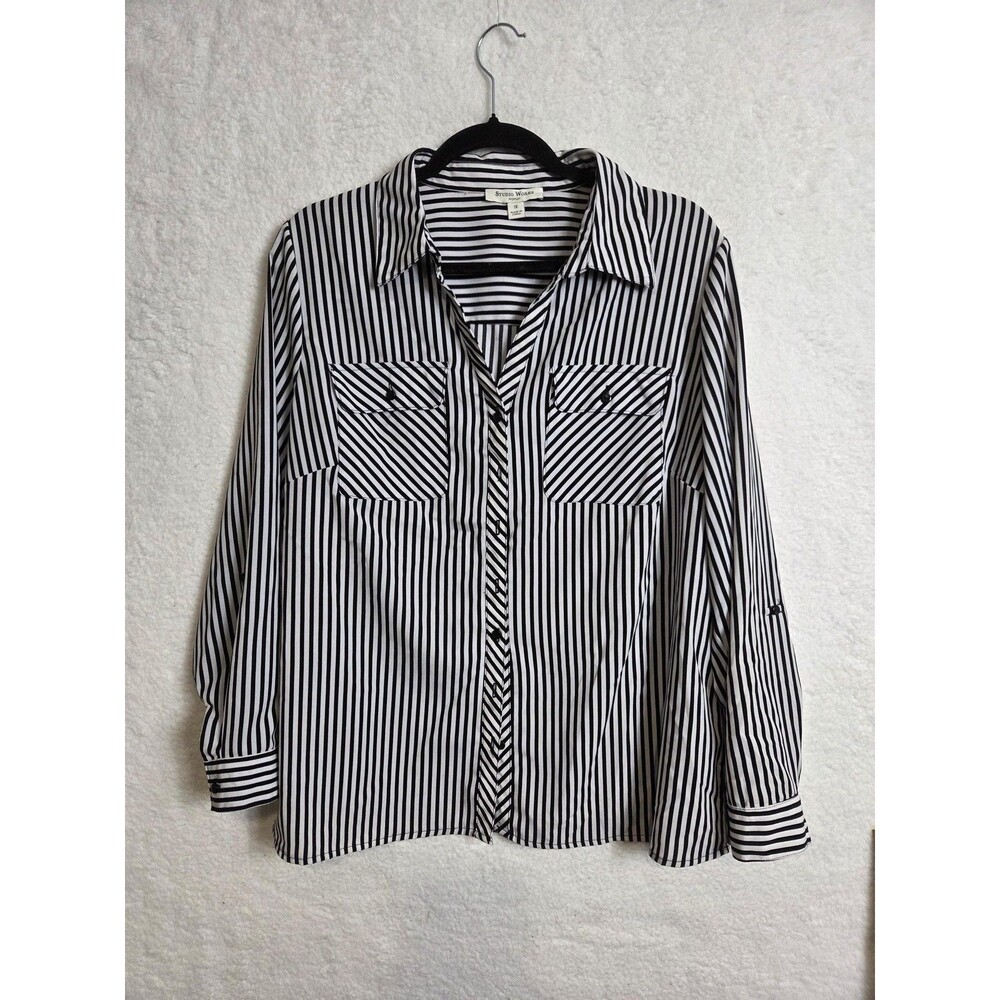 Womens Button Front Roll Tab Blouse‎ 1X Stripe Top Preppy Office